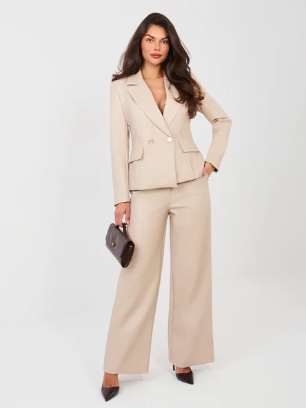 Pantaloni Dama Larga, Guler inalt, ITALY MODA, Bej Eleganta Office
