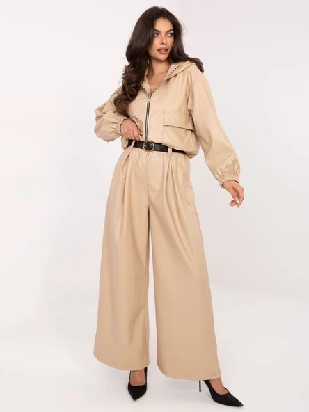 Pantaloni Dama Lunga, Larga, RUE PARIS, Bej Eleganta Office