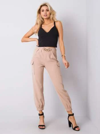 Pantaloni Dama Lunga, Mansete elastice, Och Bella, Bej de Petrecere
