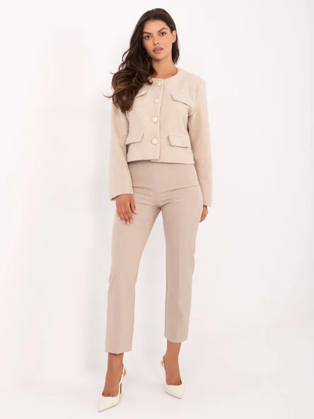 Pantaloni Dama Elegant, Guler inalt, RUE PARIS, Bej Eleganta Office