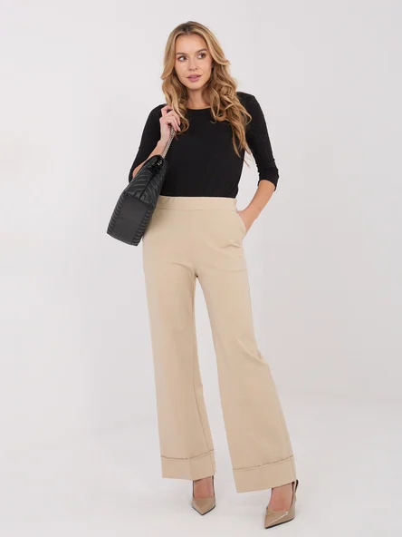 Pantaloni Dama Larga, Guler inalt, RUE PARIS, Bej Eleganta Office