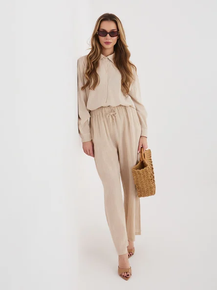 Pantaloni Dama Larga, Guler inalt, ITALY MODA, Bej