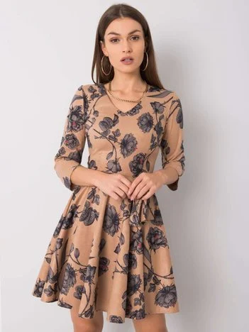 Rochie Dama Mini, Floral, LAKERTA, Bej Eleganta Office