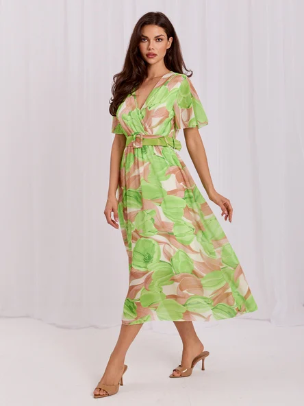 Rochie Dama Midi, Floral, ITALY MODA, Verde Eleganta Office