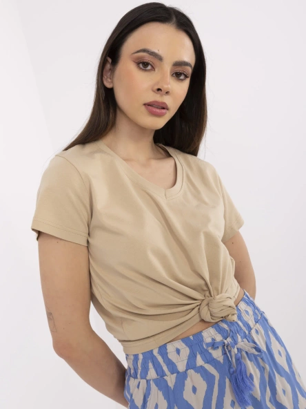 Tricou Dama Mini, Decolteu in V, BASIC FEEL GOOD, Bej Casual