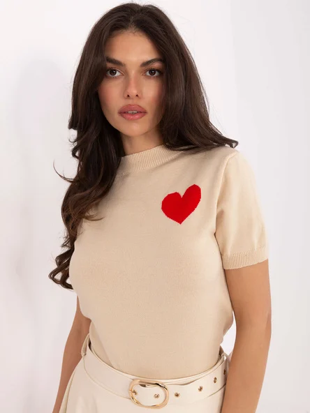 Pulover Dama Mini, Decolteu rotund, JELISJELIS, Bej Casual