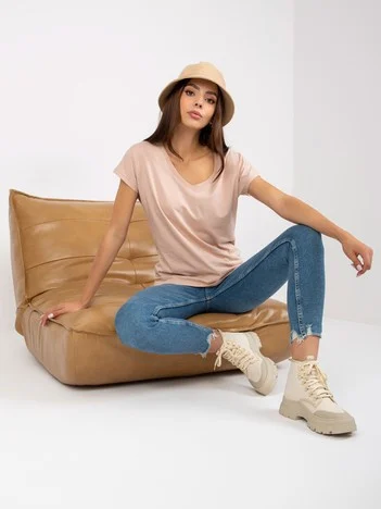 Tricou Dama Mini, Decolteu in V, BASIC FEEL GOOD, Bej Casual Marimi Mari