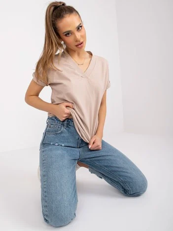 Tricou Dama Mini, Decolteu in V, BASIC FEEL GOOD, Bej Casual