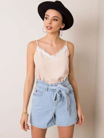 Top Dama Fara maneci, Decolteu rotund, LAKERTA, Bej