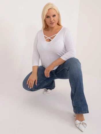 Bluza Dama Maneca 3/4, Decolteu in V, BASIC FEEL GOOD, Alb Eleganta Office Marimi Mari