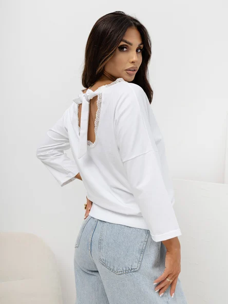 Bluza Dama Maneca 3/4, Dantela, RUE PARIS, Alb Eleganta Office