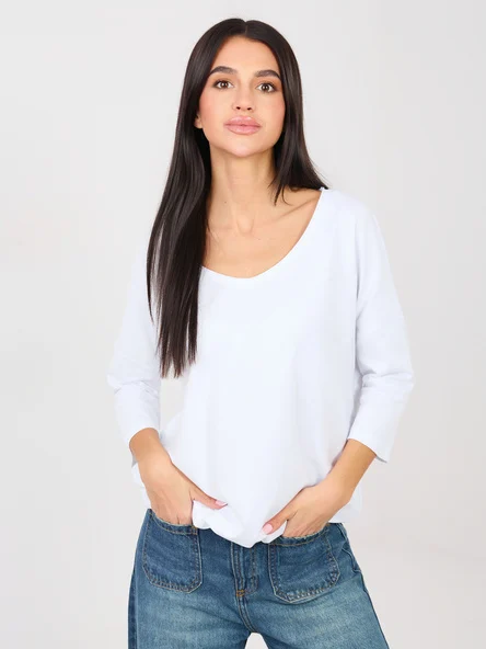 Bluza Dama Maneca 3/4, Decolteu rotund, RUE PARIS, Alb Casual