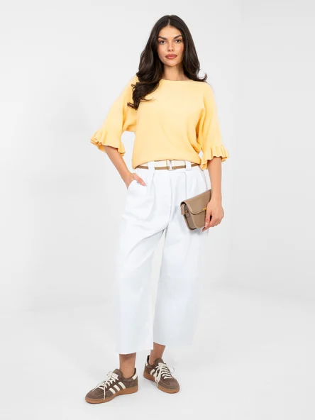 Pantaloni Dama Larga, Guler inalt, RUE PARIS, Alb Eleganta Office