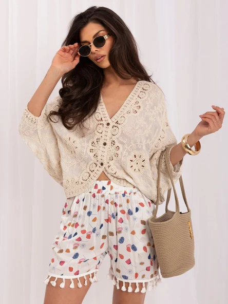 Pantaloni Scurti Dama Boho, Guler inalt, We Are The World, Alb Casual