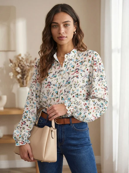Camasa Dama Maneca lunga, Floral, LAKERTA, Albastru Eleganta Office
