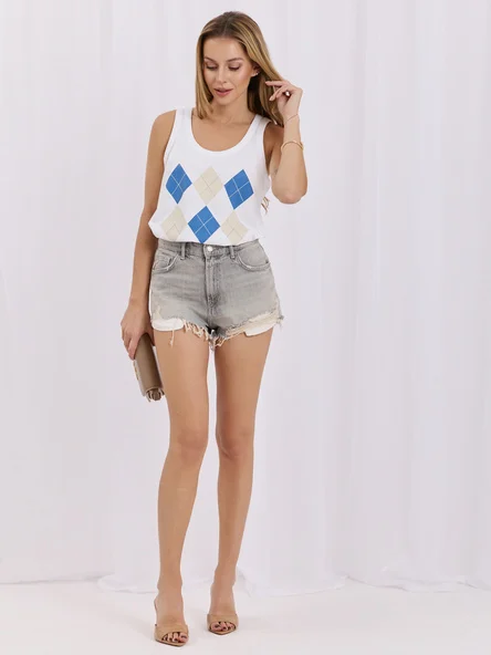 Top Dama Fara maneci, Geometric, RELEVANCE, Albastru Casual