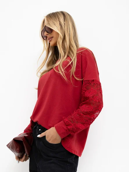 Bluza Dama Maneca lunga, Dantela, RUE PARIS, Bordo Eleganta Office