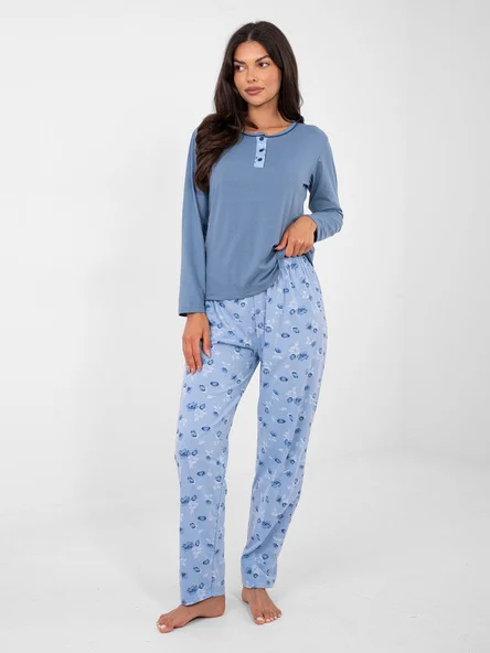 Pijama Dama Maneca lunga, Floral, Forever Pink, Albastru Marimi Mari