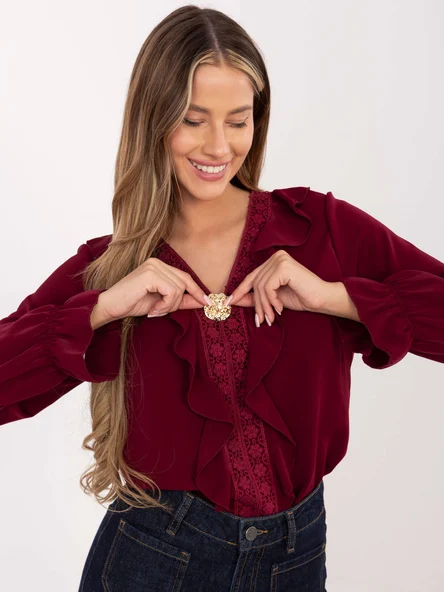 Bluza Dama Maneca lunga, Dantela, MODA ITALY, Bordo Eleganta Office