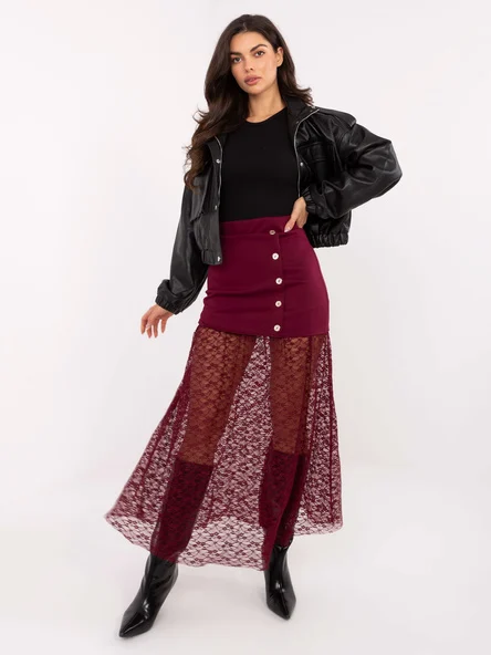 Fusta Dama Midi, Dantela, ITALY MODA, Bordo Casual