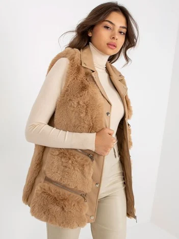 Vesta Dama Fara maneci, Guler inalt, Trendy. ING, Camel Eleganta Office