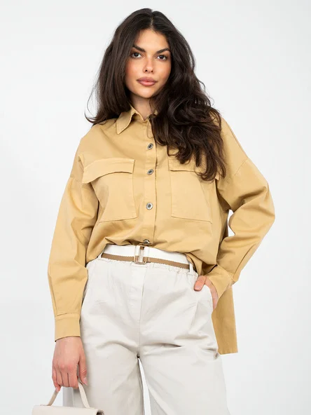 Camasa Dama Maneca lunga, Guler inalt, ITALY MODA, Camel Casual