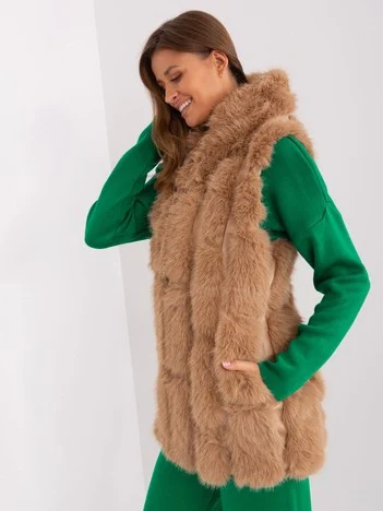 Vesta Dama Fara maneci, Guler inalt, Wool Fashion Italia, Camel Casual Marimi Mari