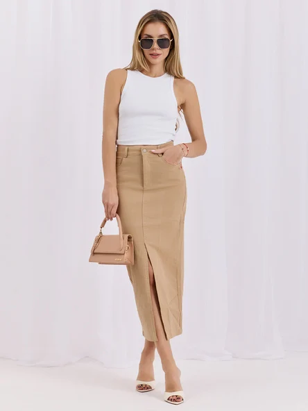Fusta Dama Midi, Guler inalt, May, Camel Casual