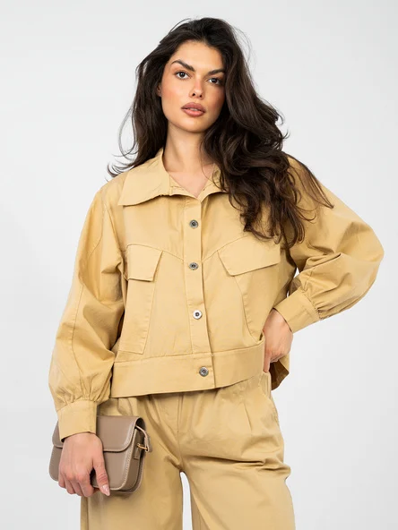 Jacheta Dama Mini, Guler inalt, RUE PARIS, Camel Casual