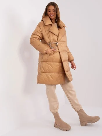 Jacheta Dama Maneca lunga, Guler inalt, Trendy. ING, Camel Casual