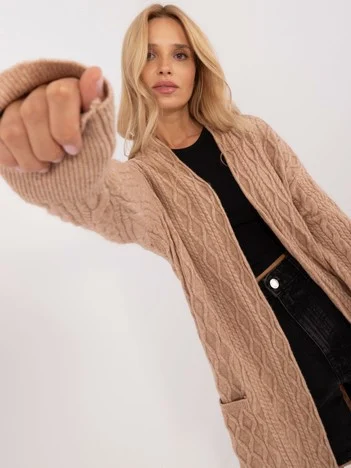 Cardigan Dama Maneca lunga, Guler inalt, Wool Fashion Italia, Camel Casual