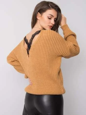 Pulover Dama Maneca lunga, Dantela, Och Bella, Camel Casual