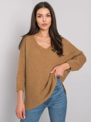 Pulover Dama Maneca 3/4, Decolteu in V, Och Bella, Camel Eleganta Office