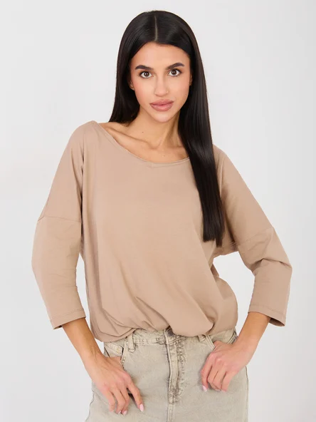 Bluza Dama Maneca 3/4, Decolteu rotund, RUE PARIS, Bej Casual