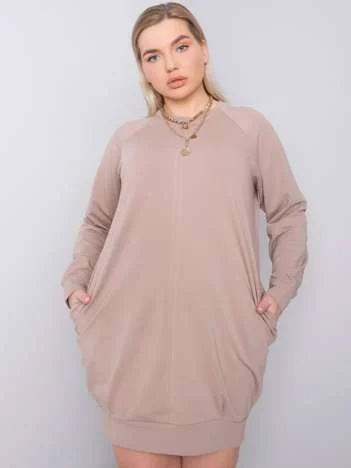 Rochie Dama Mini, Decolteu rotund, BASIC FEEL GOOD, Bej Eleganta Office Marimi Mari