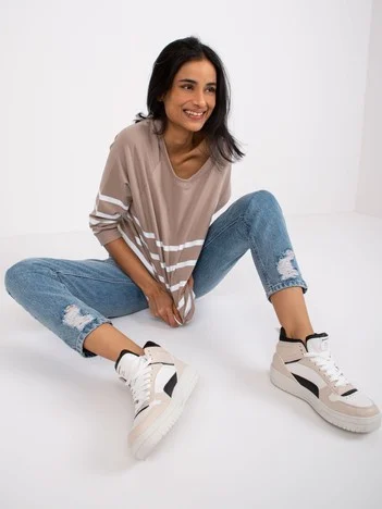 Bluza Dama Maneca 3/4, Dungi, RUE PARIS, Bej Eleganta Office