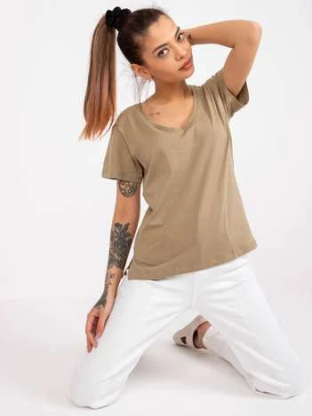 Tricou Dama Mini, Decolteu in V, Mayflies, Bej Casual Marimi Mari