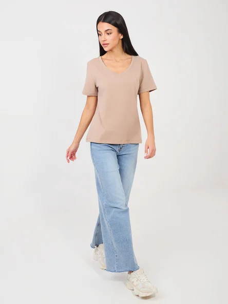 Tricou Dama Mini, Decolteu in V, RUE PARIS, Bej Casual