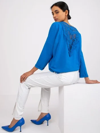 Bluza Dama Maneca 3/4, Dantela, RUE PARIS, Albastru Eleganta Office