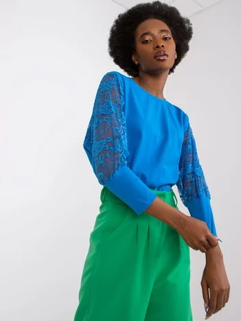 Bluza Dama Maneca 3/4, Dantela, RUE PARIS, Albastru Eleganta Office