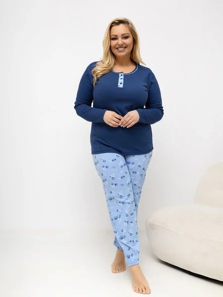 Pijama Dama Maneca lunga, Floral, Forever Pink, Albastru Marimi Mari