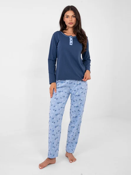 Pijama Dama Maneca lunga, Floral, Forever Pink, Albastru Marimi Mari