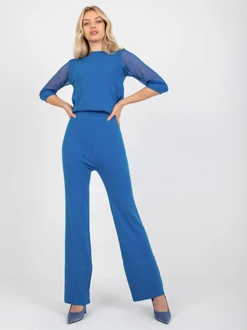 Pantaloni Dama Larga, Guler inalt, COCOANGELO, Albastru Eleganta Office