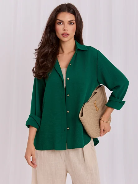 Camasa Dama Guler inalt, Bumbac, LAKERTA, Verde Eleganta Office