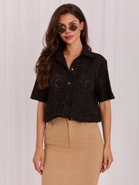 Camasa Dama Guler inalt, Bumbac, LAKERTA, Negru Casual