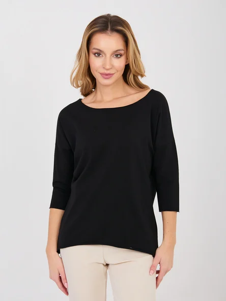 Bluza Dama Maneca 3/4, Decolteu barcuta, RUE PARIS, Negru Casual