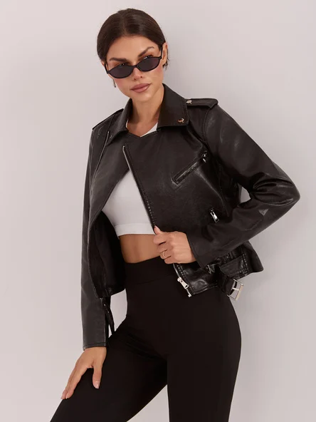Jacheta Dama Guler inalt, Poliuretan, ITALY MODA, Negru Eleganta Office