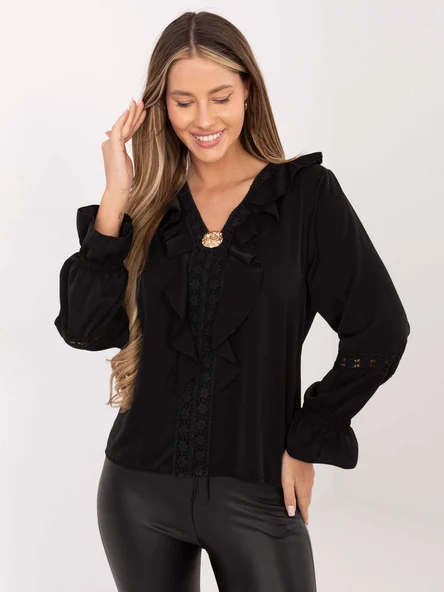 Bluza Dama Maneca lunga, Dantela, MODA ITALY, Negru Eleganta Office