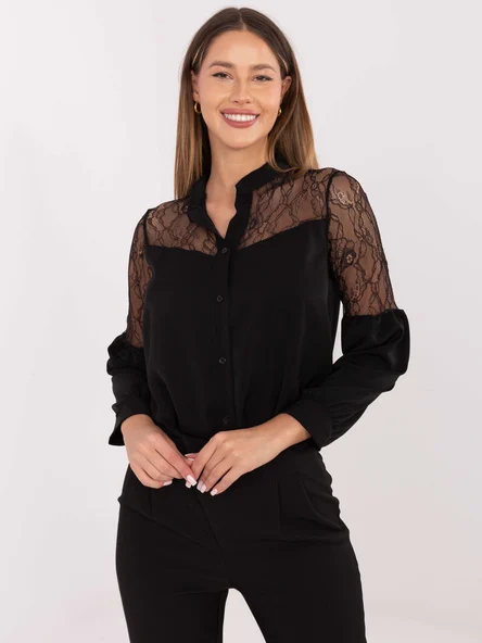 Camasa Dama Maneca lunga, Dantela, ITALY MODA, Negru Eleganta Office