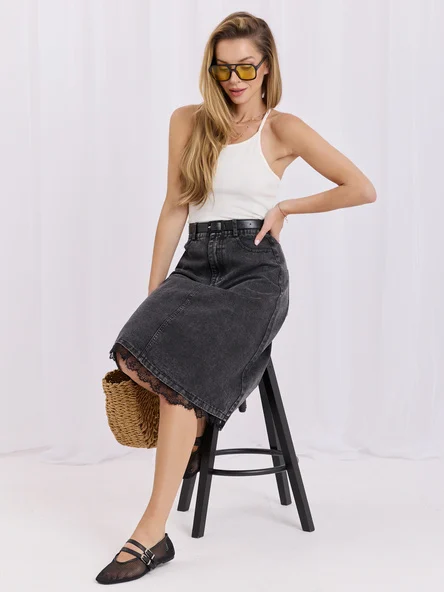 Fusta Dama Midi, Guler inalt, May, Negru Casual